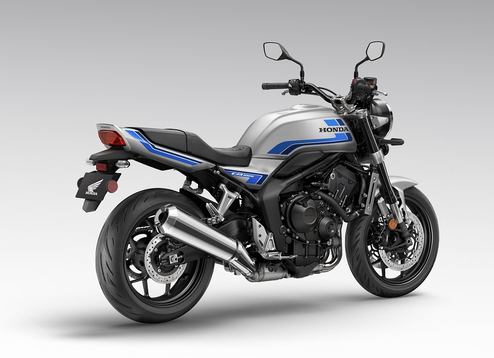 studio photo of the silver and blue CB1000F