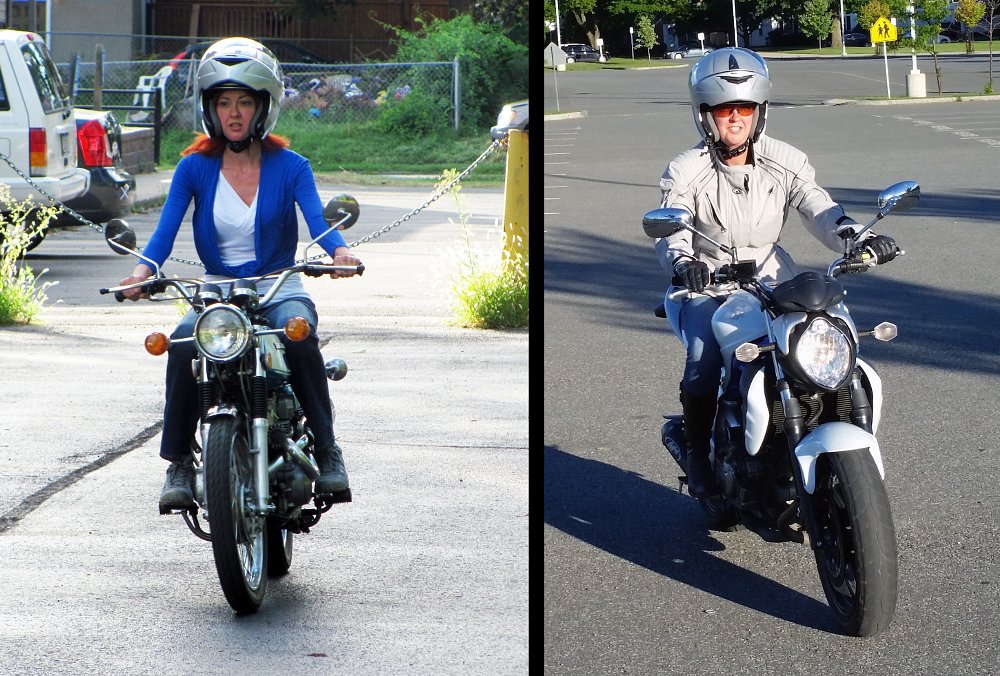 two photos of the author practicing in the parking lot, one looking nervous, one smiling
