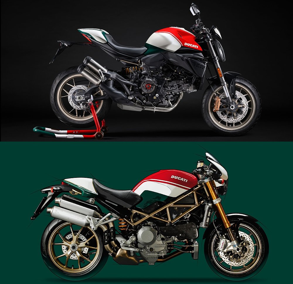 The Monster 100 pictured over the Monster SR4s Tricolore.