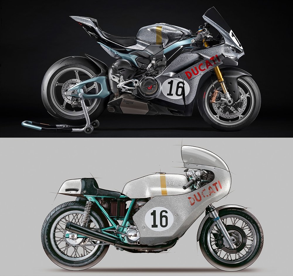 The Ducati Panigale V4 S 100 pictured above the 1972 Imola Desmo.