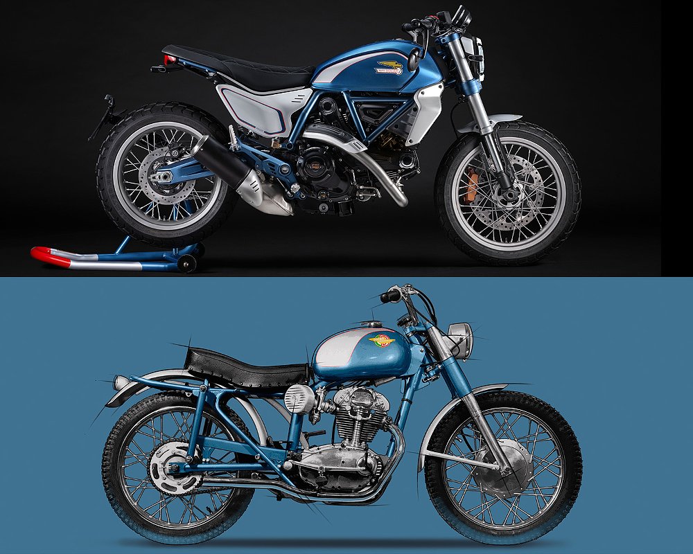 The Scrambler 100 pictured over the 250 Scrambler.