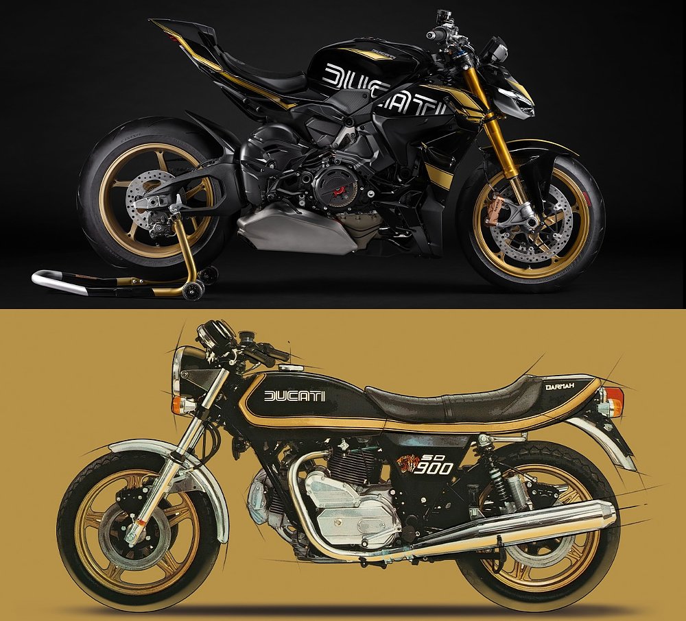 The Streetfighter V4 S 100 pictured over the 900 Sport Desmo Darmah.