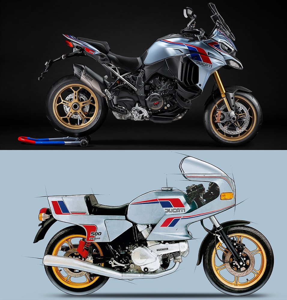 The Multistrada V4 RS 100 pictured over the 500 SL Pantah.