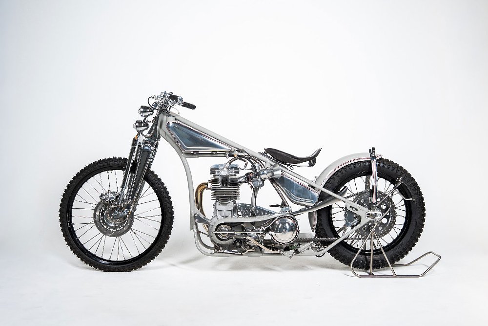 side view, studio photo, of the custom speedway-style motorcycle