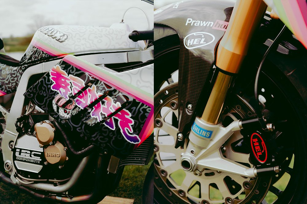 close view of front suspension and brake