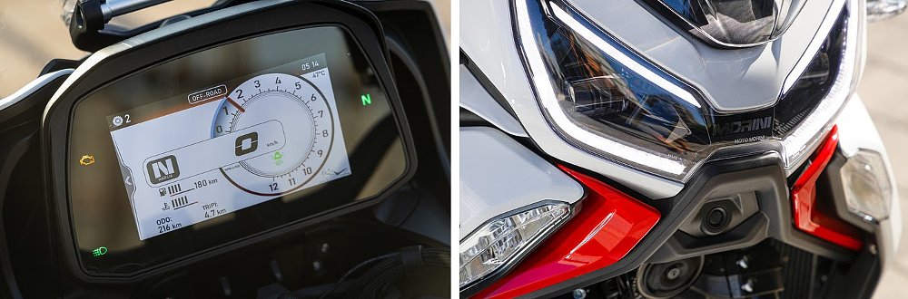 close views of the digital display and the front headlights with camera just below the lights