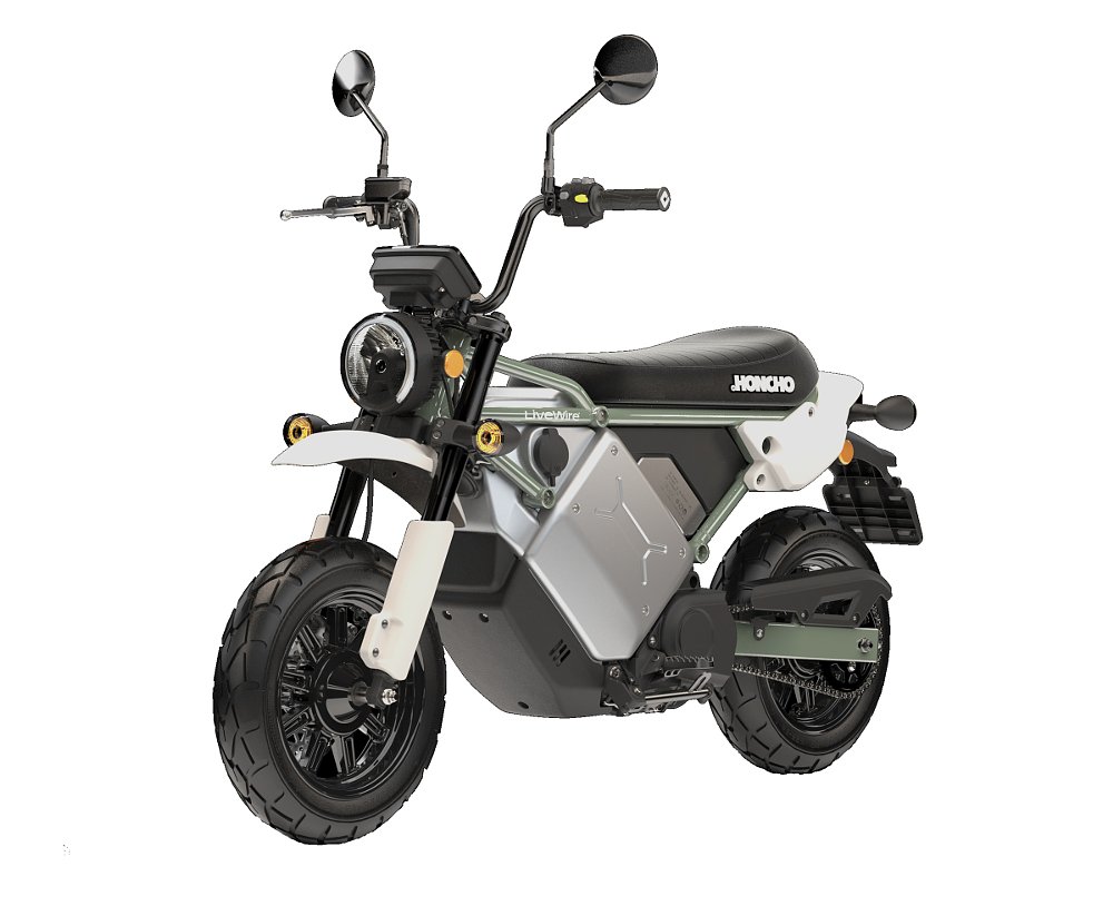 studio photo of the LiveWire S4 Honcho Street, which resembles a minibike but with electric drivetrain and a large battery