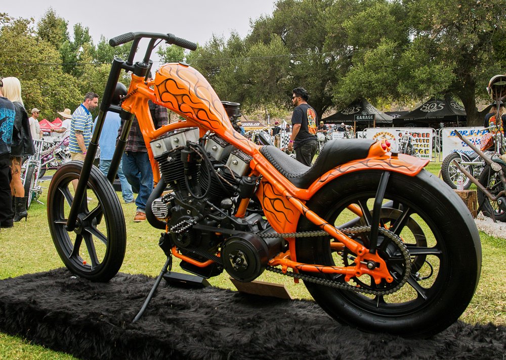 orange chopper with black flame paint highlights