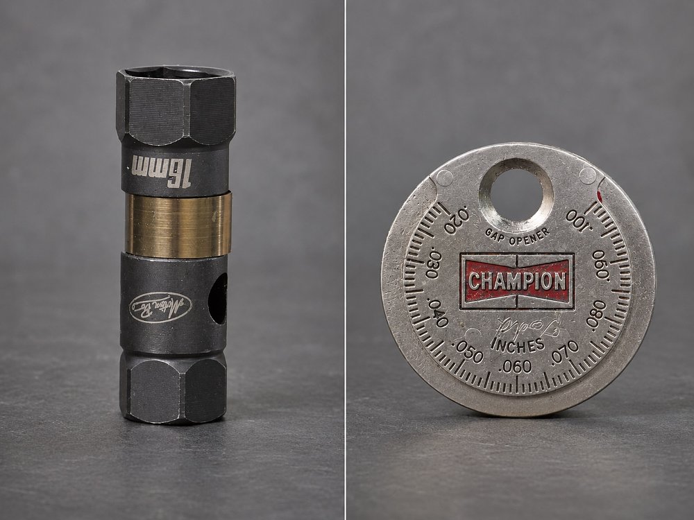 Motorcycle spark plug socket and gap tool