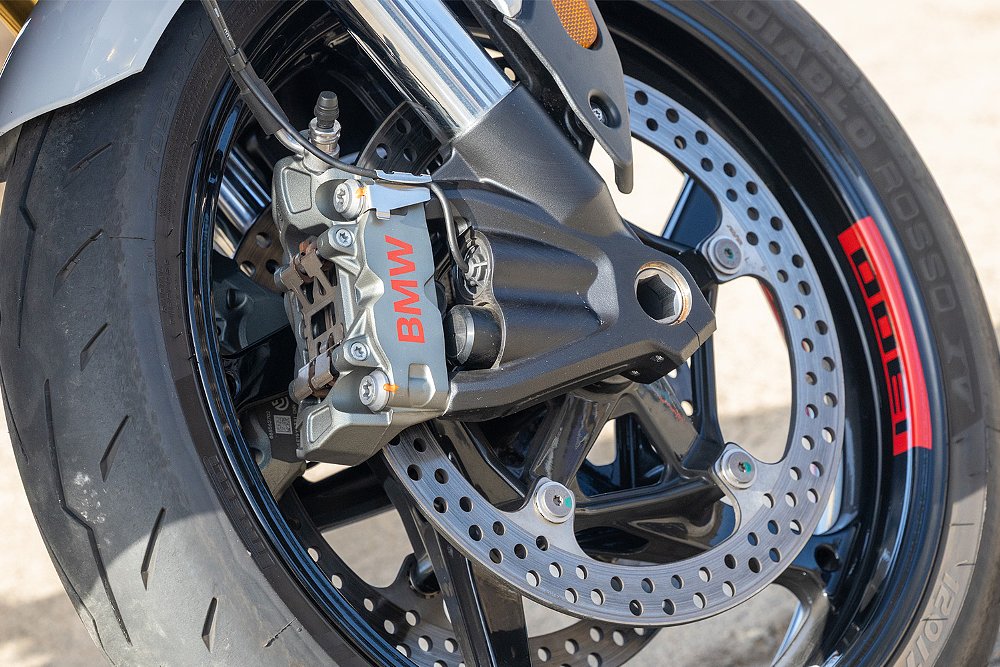 A close up of the R 1300 R's front wheel.