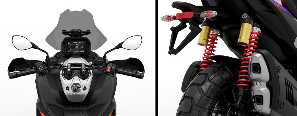 detail photos of the Aprilia SR GT 400's cockpit, digital display, and rear suspension
