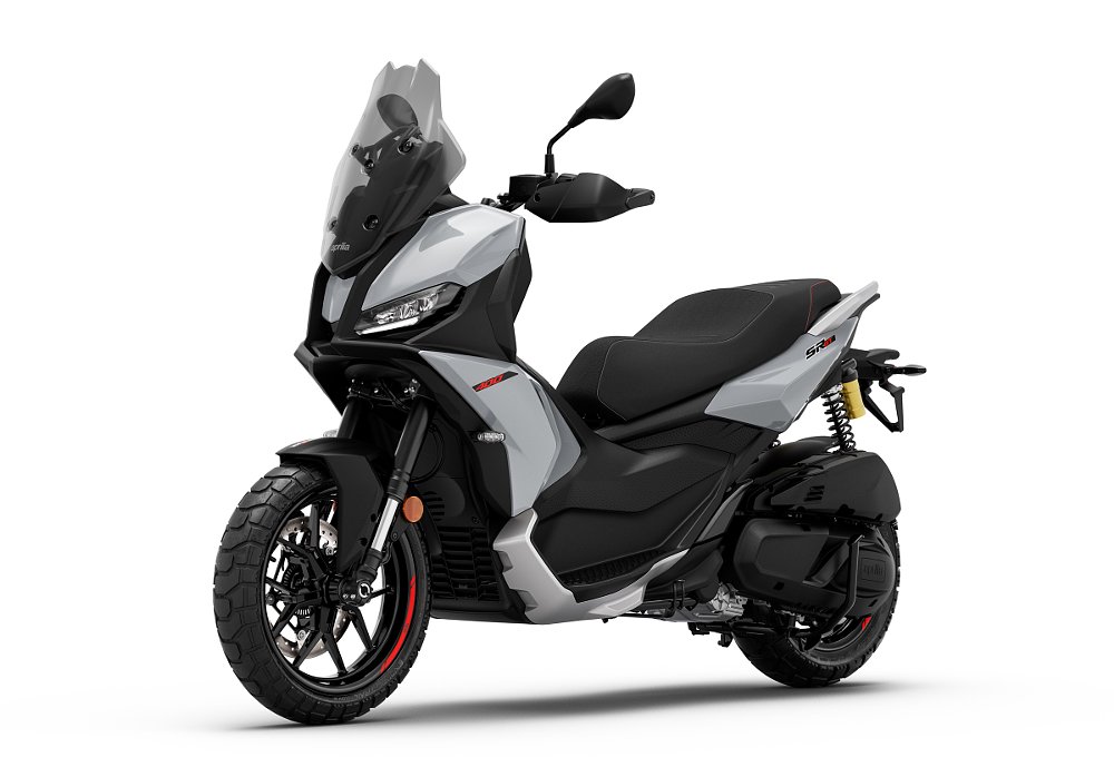 studio photo of gray Aprilia SR GT 400 scooter