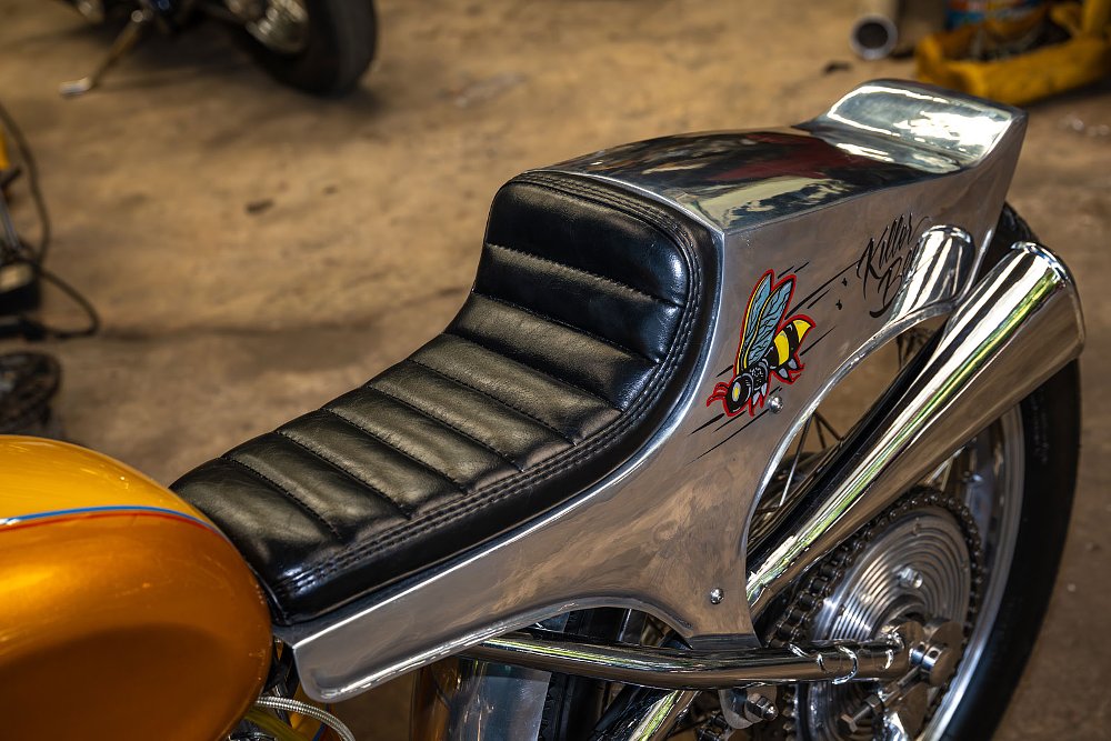 close view of the seat and the polished aluminum tail section