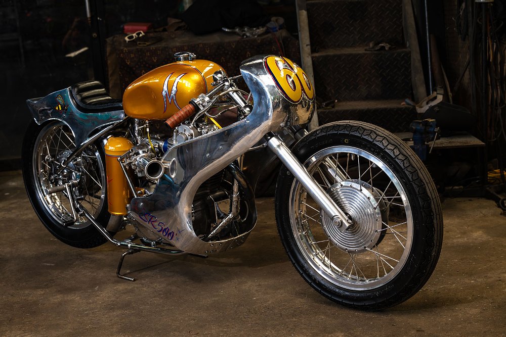 three quarters view of the custom with raked-out front fork and low, clip-on handgrips