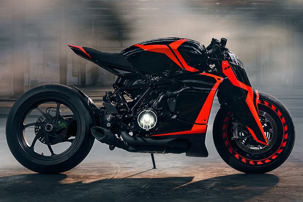 side view of the black Ultron in the dark with glowing orange-red panels