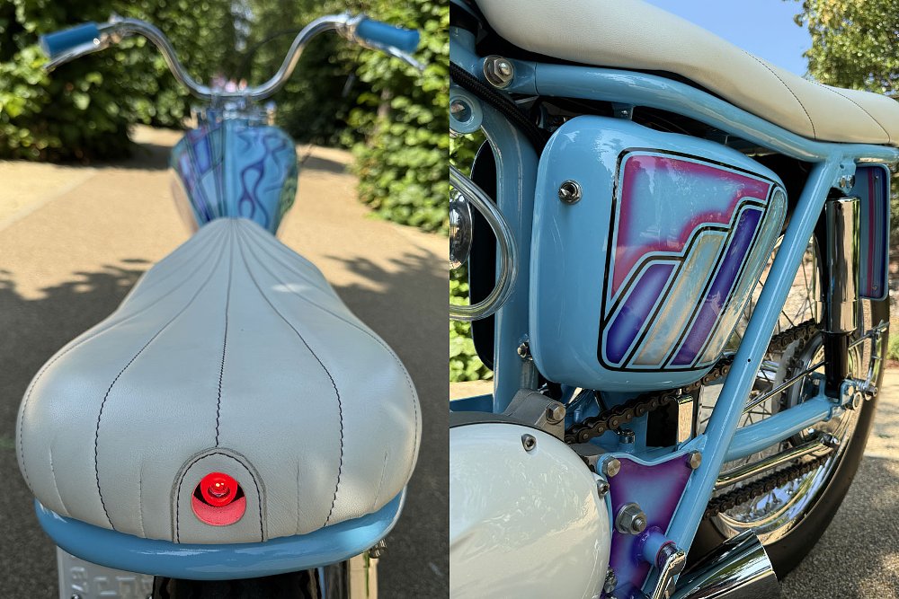 two photos, one of a white leather bench seat from behind with a small round red light embedded in the back, and a view of the light blue bodywork and frame