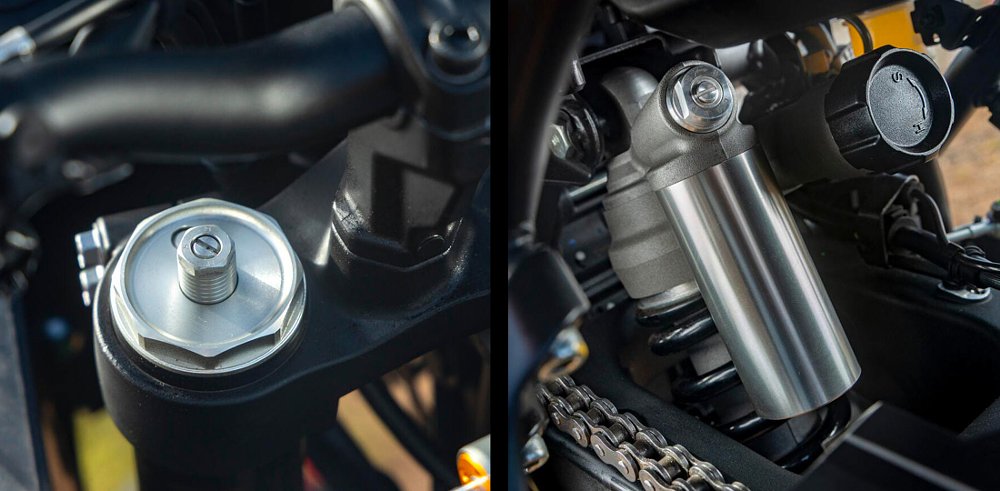 Close-up images of the World Raid's fork clickers and rear shock.