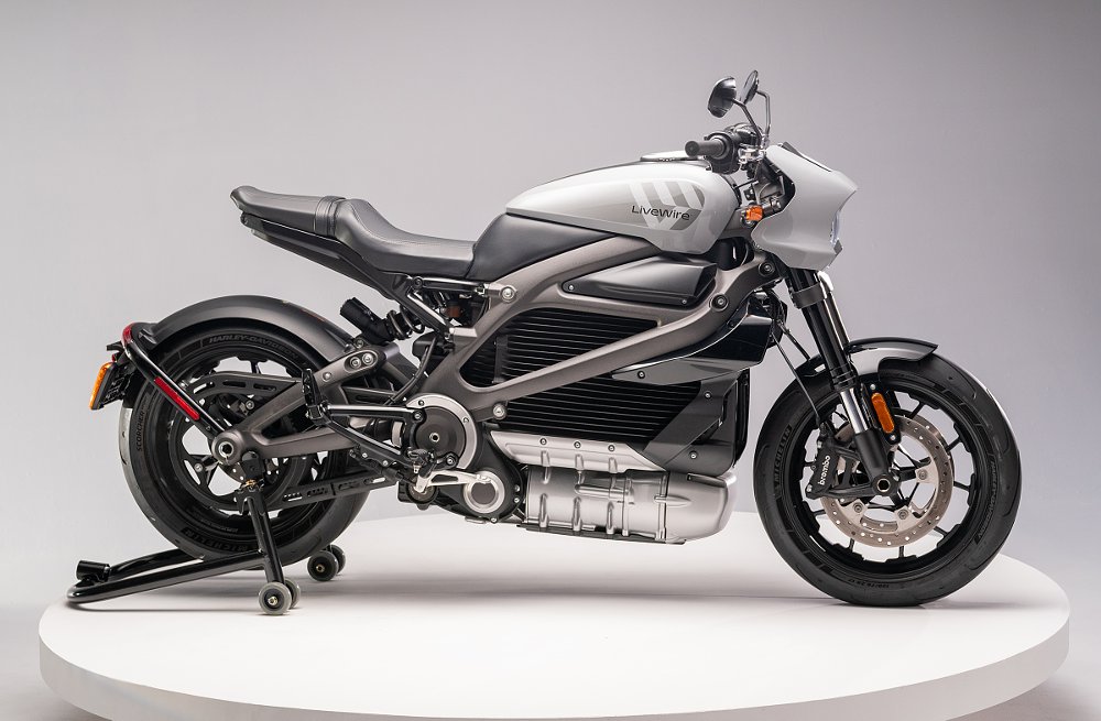 studio photo of a gray LiveWire ONE motorcycle on a pedestal