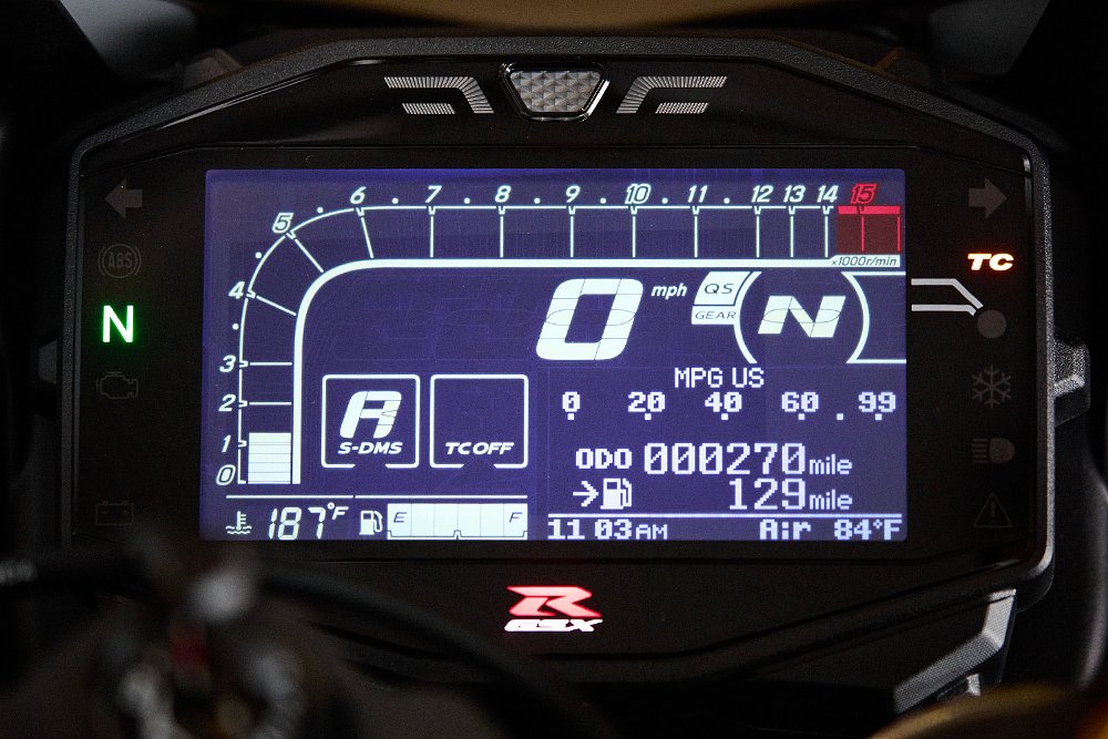 A close up of the GSX-R1000RS's reverse LCD instrument panel.