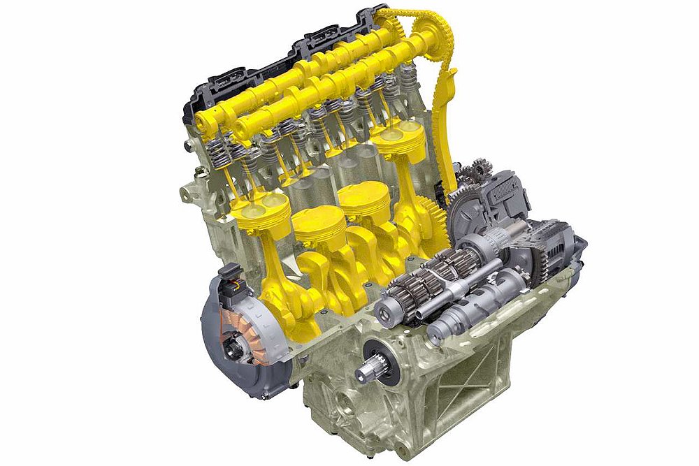 A diagram highlighting the new internal parts of Suzuki's 999.8 cc inline-four engine.