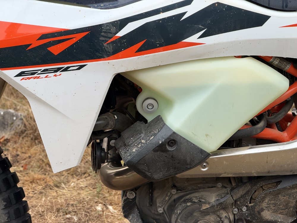 2027 KTM 690 Rally front fuel tank detail.