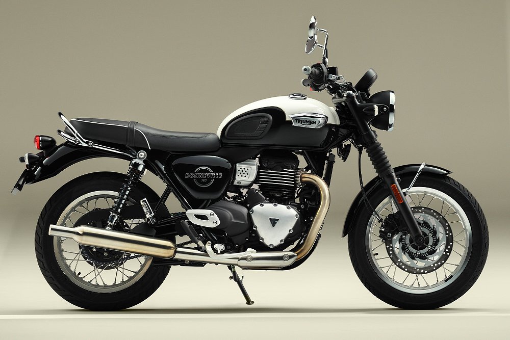 The Bonneville T40 staged against a beige background.