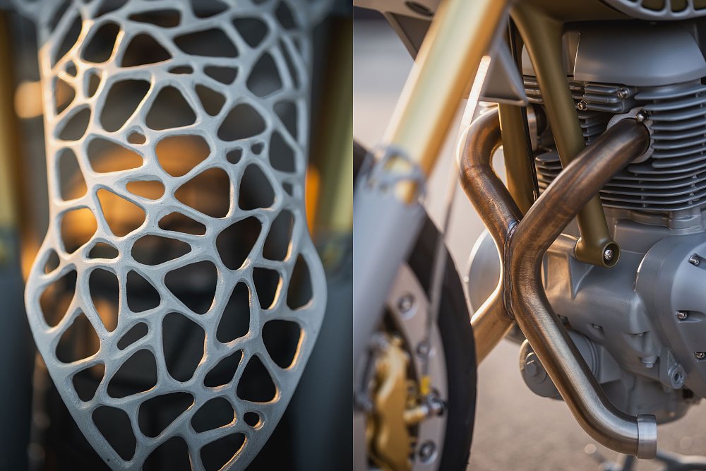 photos of the latticework front fender and the crossed exhaust pipes