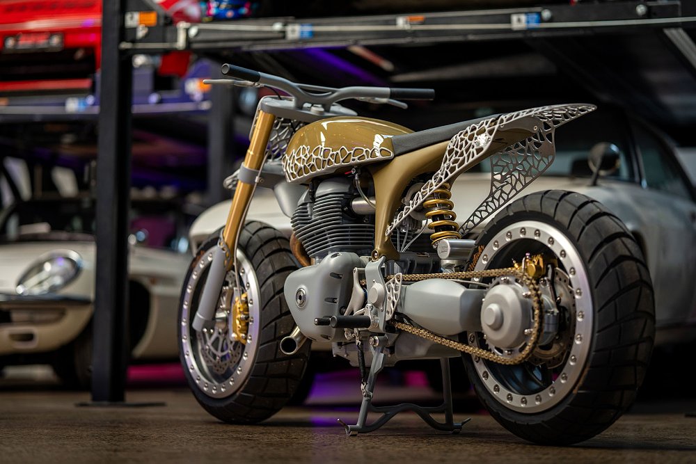 view of the rear of the custom showing single-sided swingarm