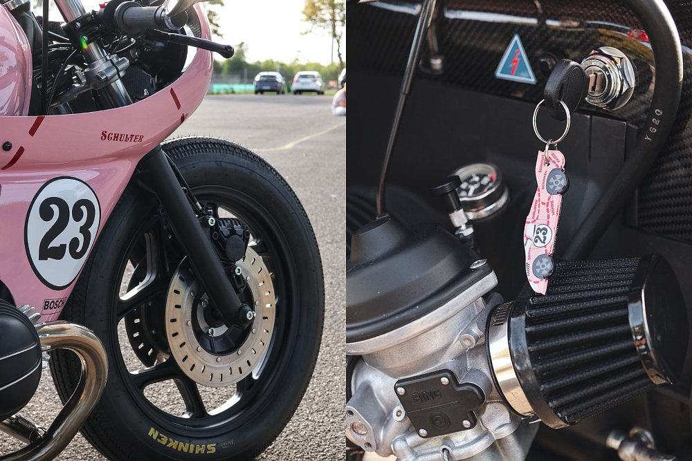 close views of the front wheel and of the key in the ignition, with a pink car-shaped keychain, above the carburetor