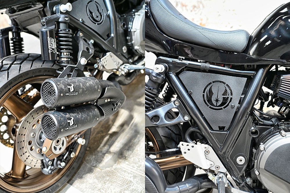 photos of the custom exhaust and the emblem in the side panel