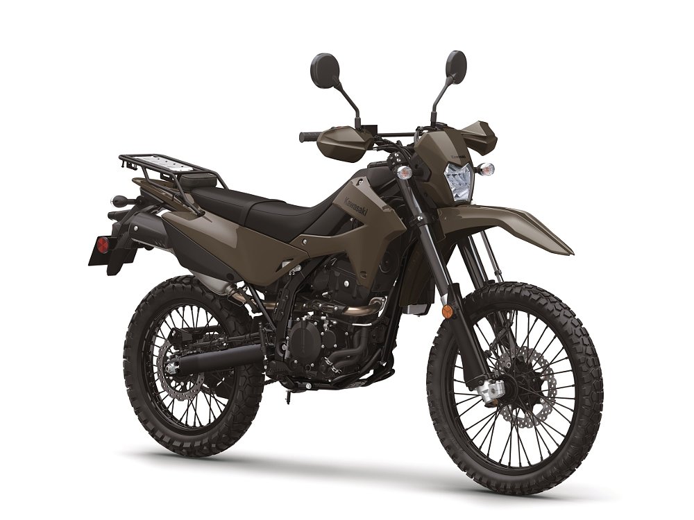 studio image of the dual-sport KLX300 DF with brownish-gray bodywork and blacked-out components
