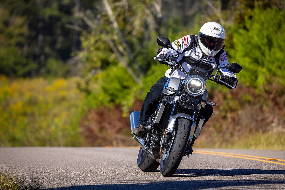 Dustin charges down a straight aboard the CB1000F.