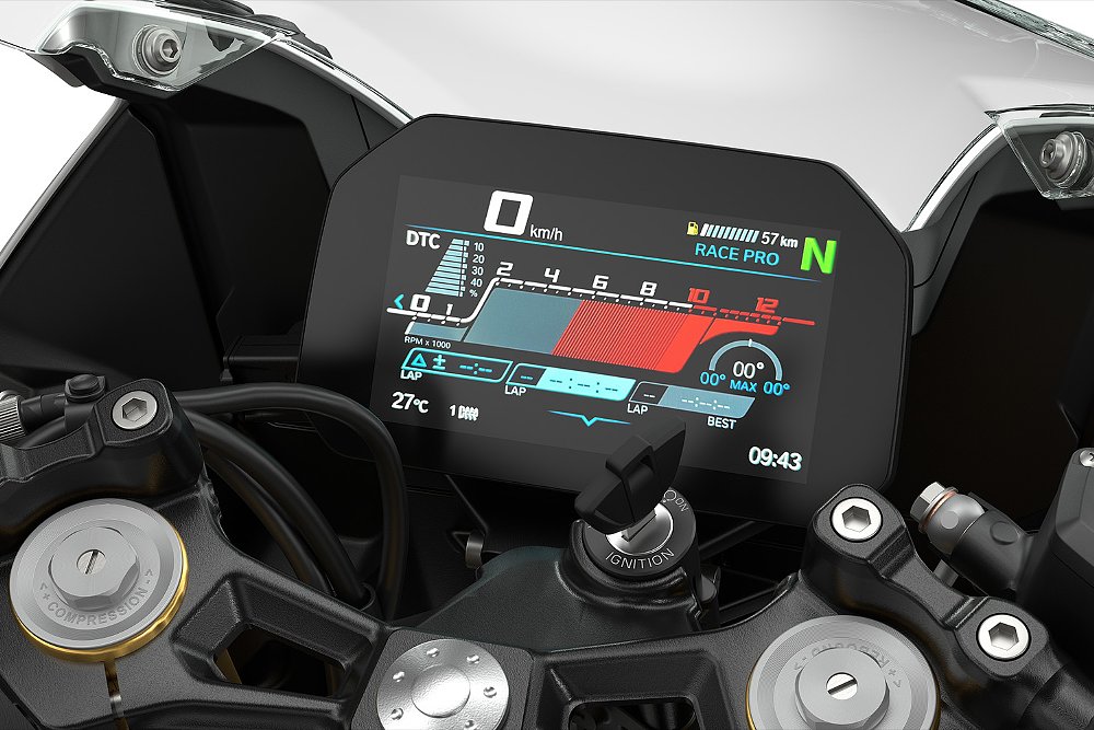 A close up of the F 450 RR's 6.5-inch TFT display.