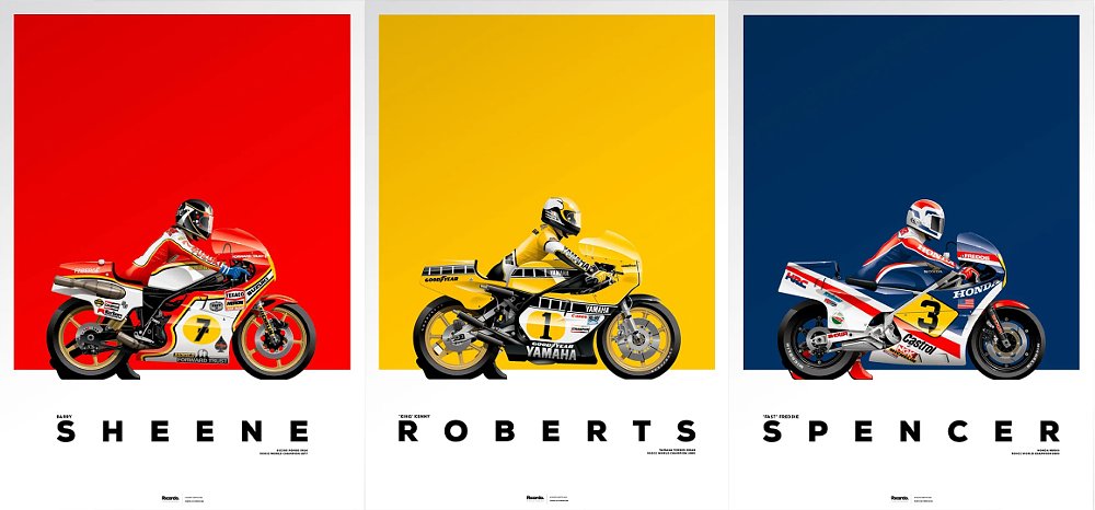 Art prints of Barry Sheene, Kenny Roberts, and Freddie Spencer by Ricardo Fine Car ArtWork.