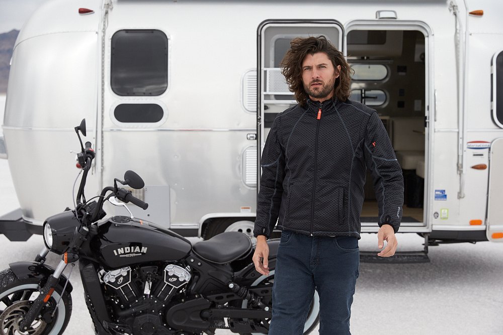 This guy is wearing a Warm'R Base Layer on the salt flats with an airstream. Base Layers. Motorcycles.