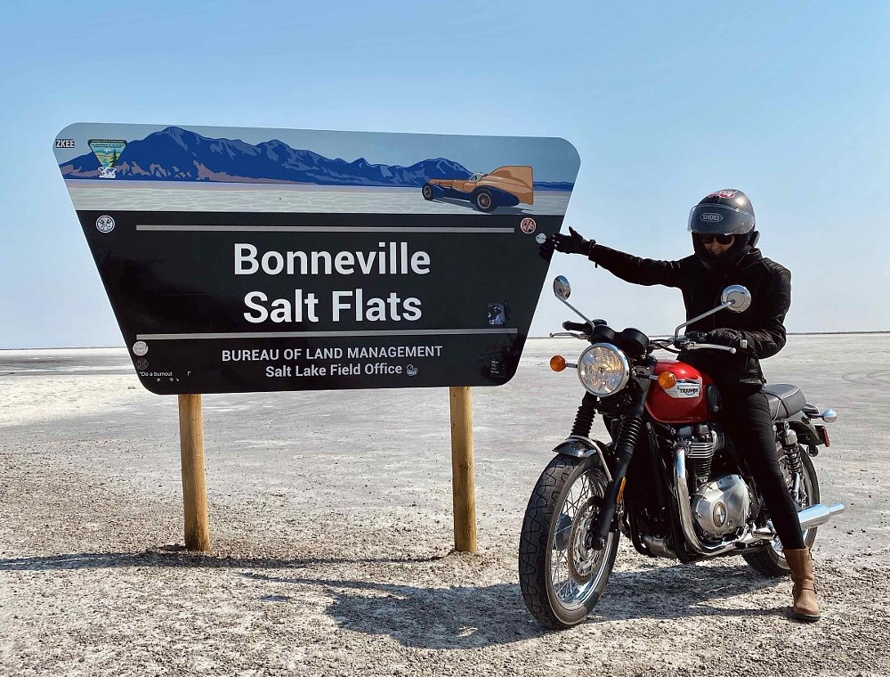 Triumph Bonneville at the Bonneville Salt Flats sign