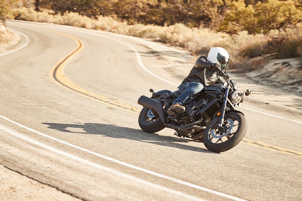 Honda Rebel 1100 on a twisty road.