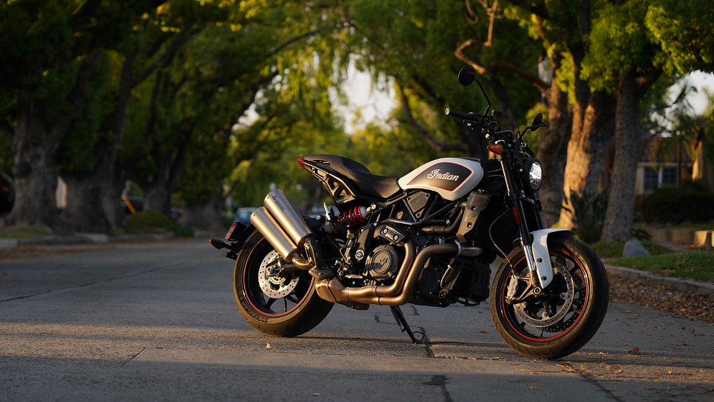 2022 Indian FTR on a suburban street at sunset
