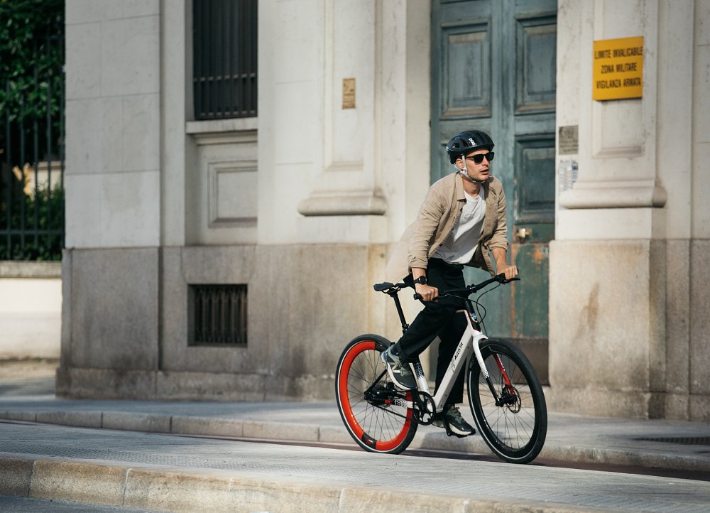 MV Agusta AMO electric bicycle ridden on a city street in Europe