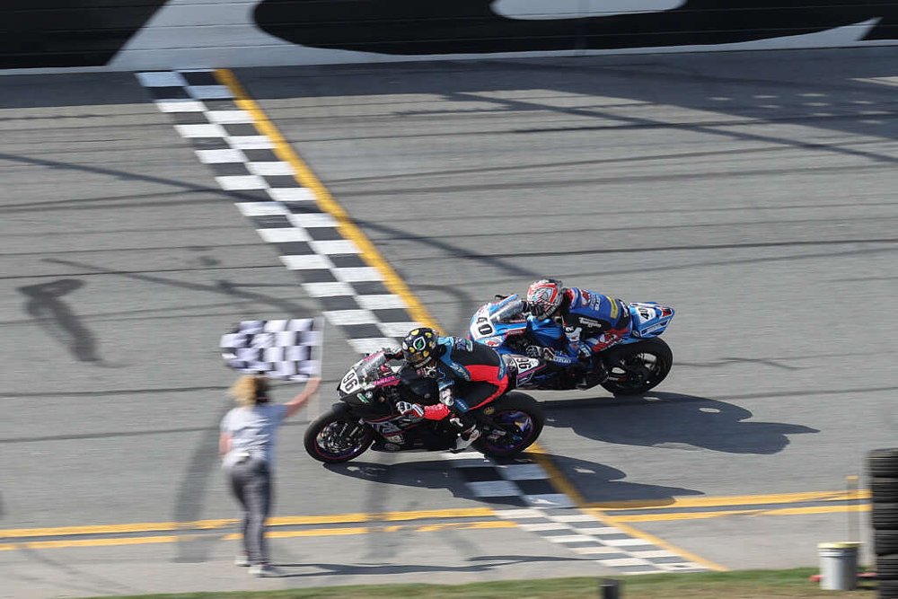 Kelly and Paasch inches apart at the finish line of the 2021 Daytona 200