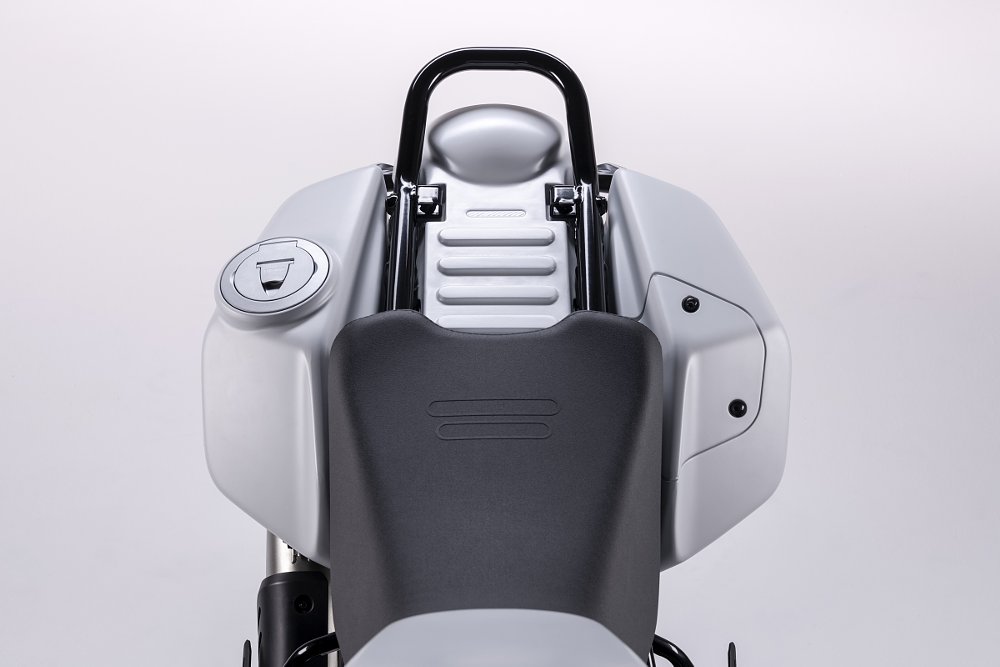 rear of motorcycle showing the optional fuel tank and the rear seat removed