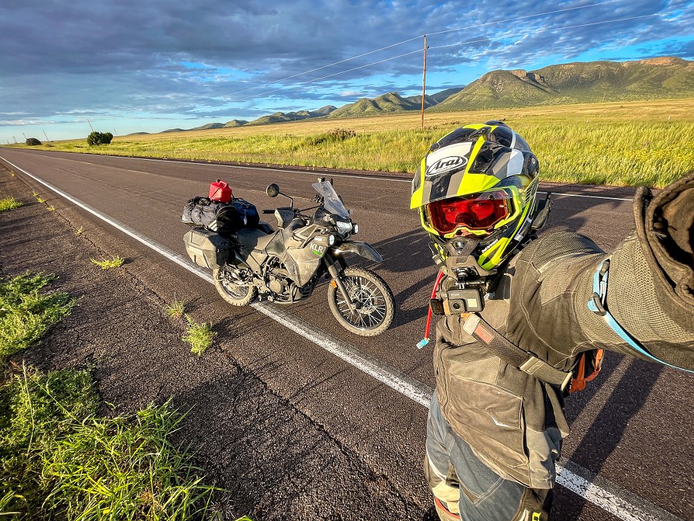 Spurgeon takes a selfie on the road with the KLR650