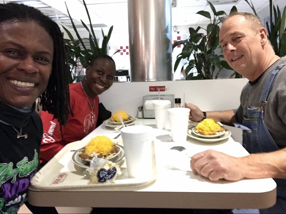 Kimba, Phoenix and Randall eating dinner at Dixie Chili