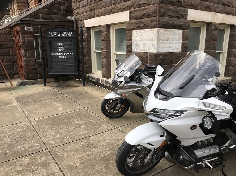 Motorcycles parked outside the 16th Street Baptist Church