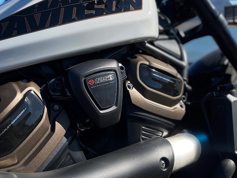 A close up view of the Harley-Davidson Revolution Max v-twin motor