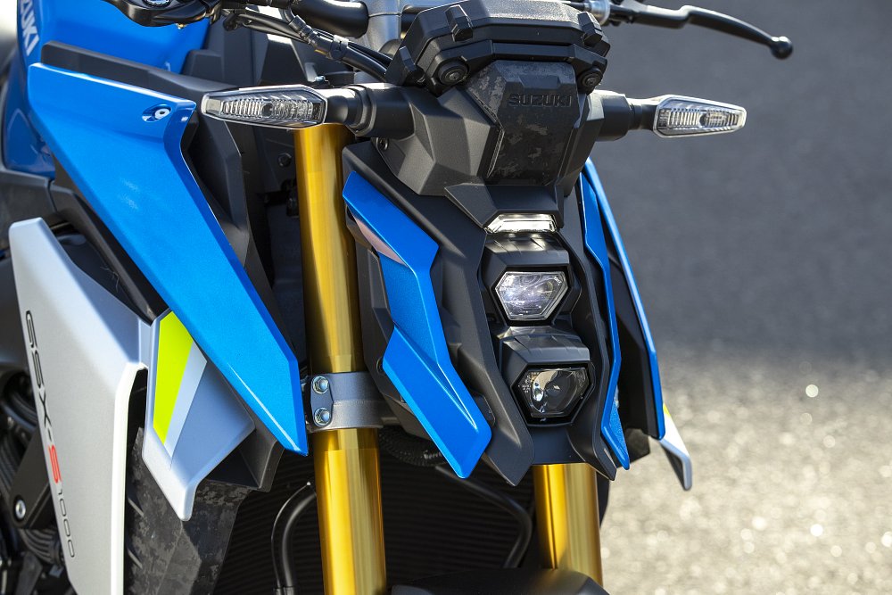 Close up of the blue GSX-S1000 LED headlight assembly