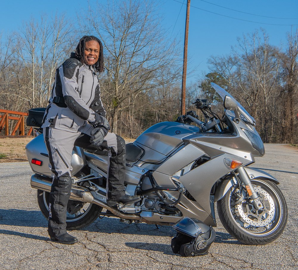 Kimba with her silver Yamaha FJR1300