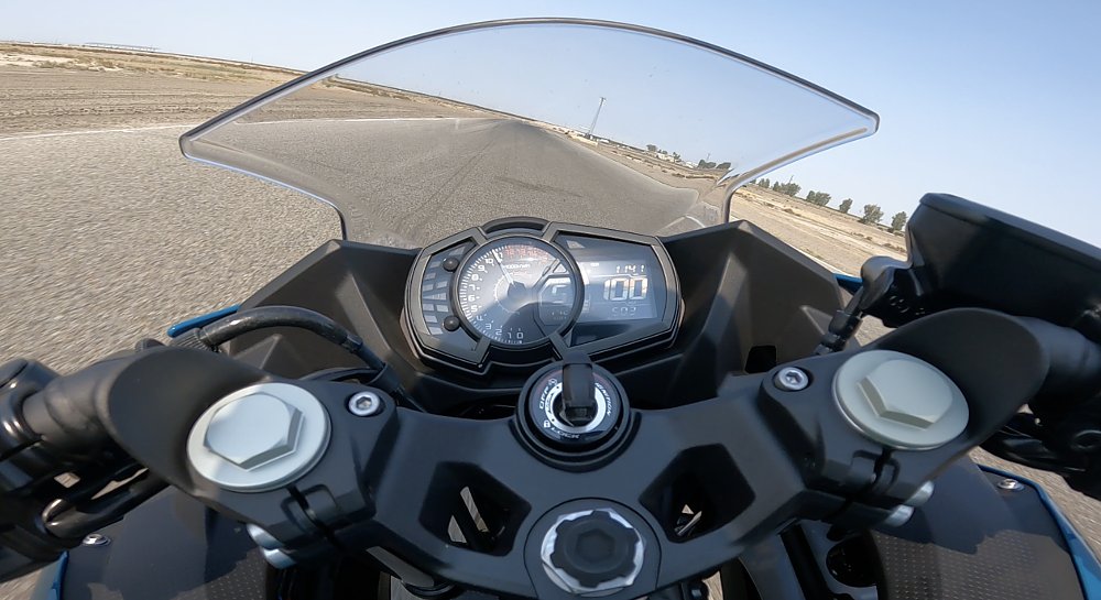 On board a Kawasaki Ninja 400 at Buttonwillow Raceway approaching Turn 10