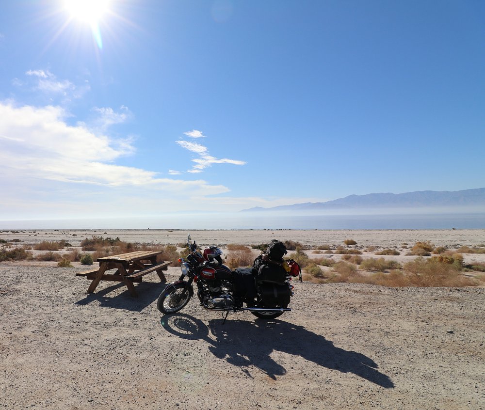 motorcycle parked along the shore of the Salton Sea
