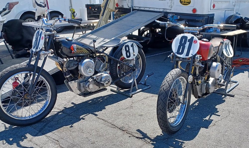 two old Indian hand-shift race bikes